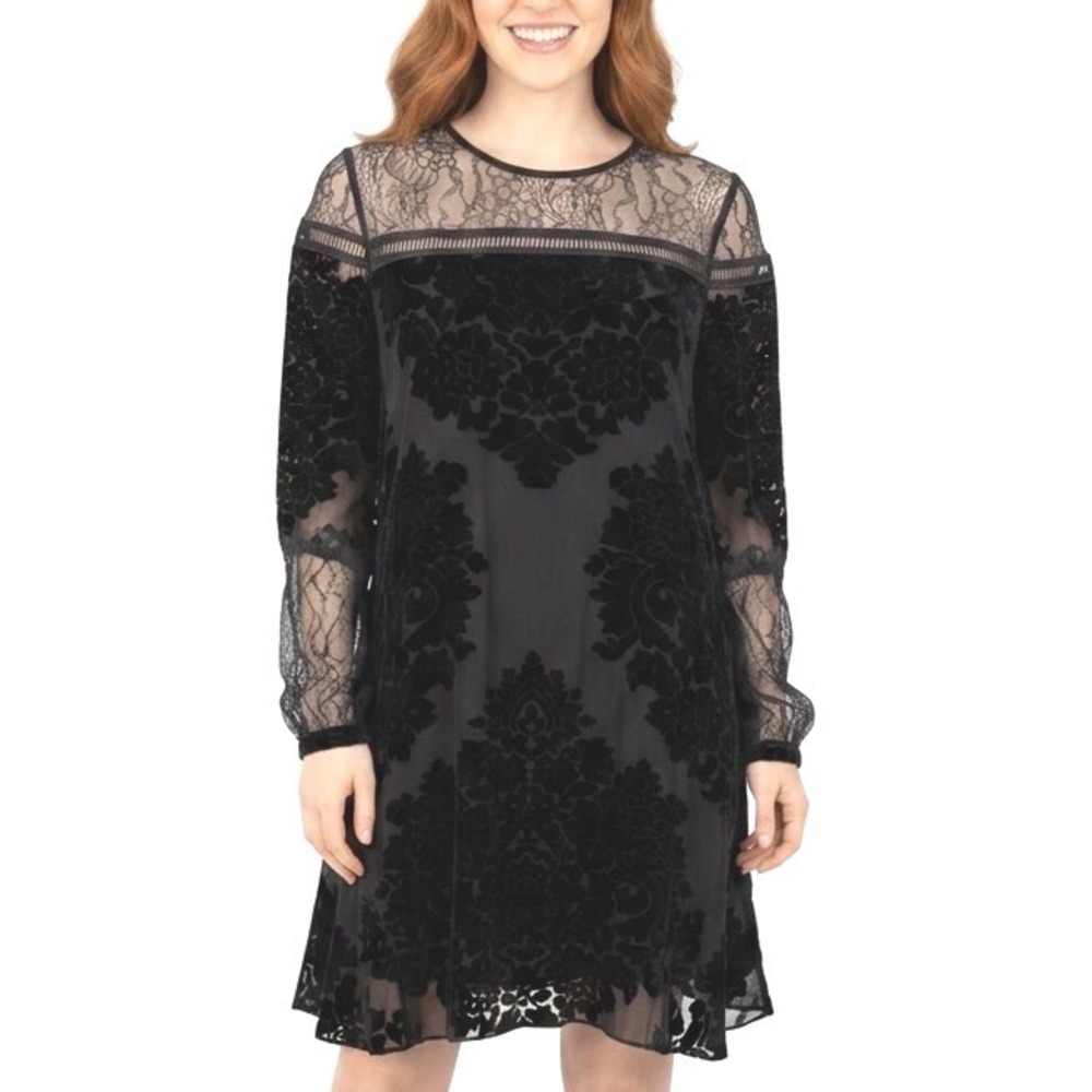 Hale Bob Velvet Burnout Dress Womens XS Black Silk Blend Lace Cocktail Gothic